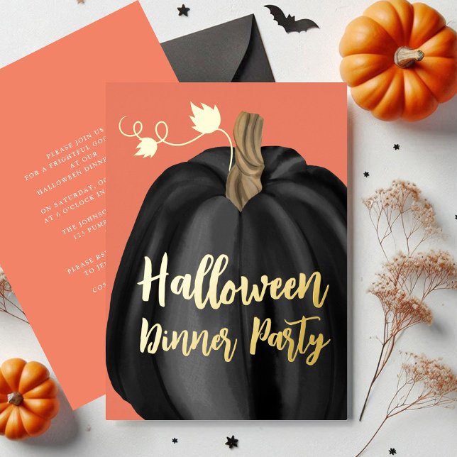 Invitation En Aluminium Orange Gold Script Citrouille Dîner d'Halloween (Orange Gold Script Pumpkin Halloween Dinner Party Foil Invitation)