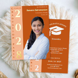 Invitation En Aluminium Orange Modern Photo Graduation Party Gold
