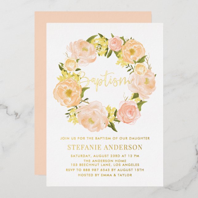 Invitation En Aluminium Orange Peony Flowers Wreath Baby Girl Baptism (Recto/Verso)