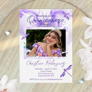 Invitation En Aluminium Orchidée aquarelle violette, Quinceanera libellule
