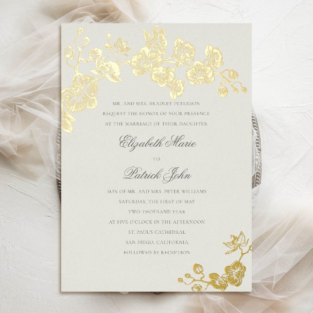 Invitation En Aluminium Orchidée classique classique Hérloom Ecru Art Mari (orchid wedding invitation formal modern classic traditional black tie parents host gold foil ecru)