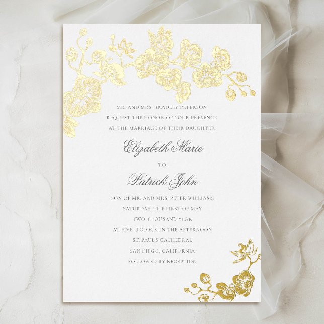 Invitation En Aluminium Orchidée classique classique Hirloom pur Mariage b (orchid wedding invitation formal modern classic traditional black tie parents host gold foil white)