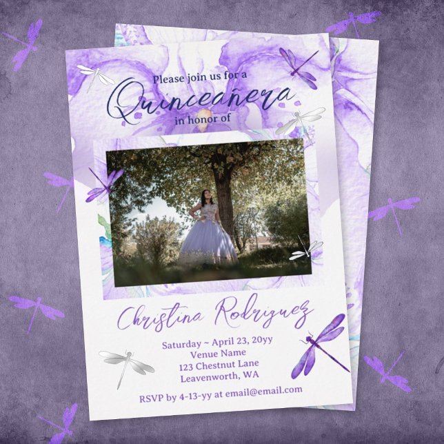 Invitation En Aluminium Orchidée d'aquarelle violette, quinceanera de libe (Purple mis quince anos, princess quinceanera, silver foil photo with script writing, dragonflies)