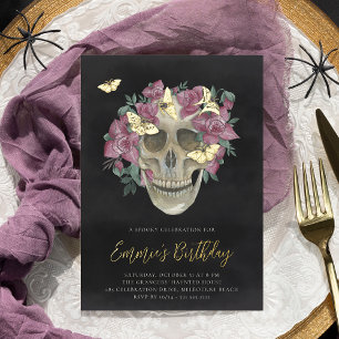 Invitation En Aluminium Orchidée rose Crâne floral Halloween fête d'annive