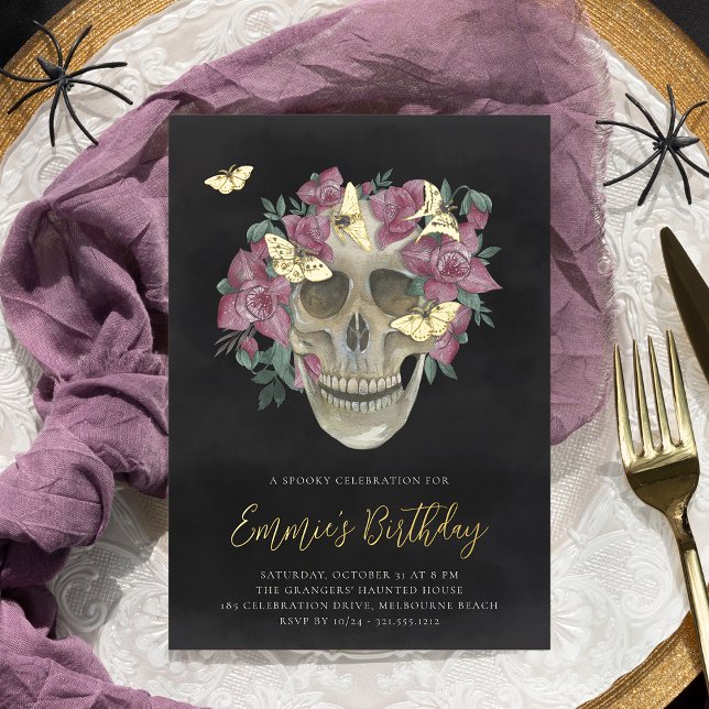 Invitation En Aluminium Orchidée rose Crâne floral Halloween fête d'annive (Créateur téléchargé)