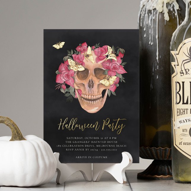 Invitation En Aluminium Orchidée rose Crâne floral Halloween Party (Créateur téléchargé)