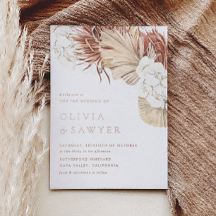 Invitation En Aluminium Orchidées blanches et Feuilles de palmiers séchés 