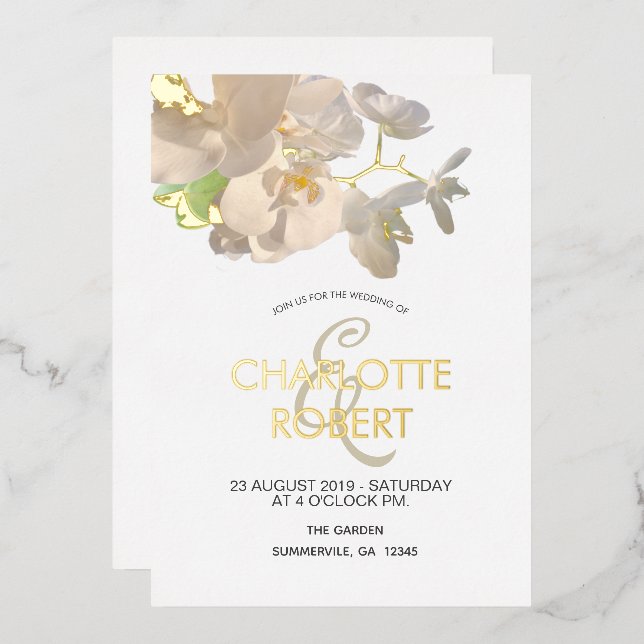 Invitation En Aluminium Orchidées Blanches Tropical Mariage Gold Foil (Recto/Verso)