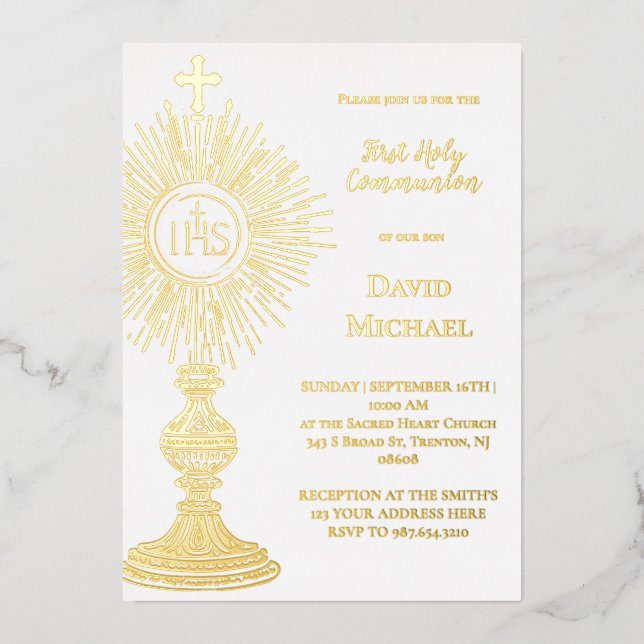 Invitation En Aluminium Ostensoir en feuille d'or | Première communion (Recto)