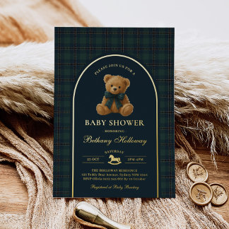 Invitation En Aluminium Ourson en peluche vintage polo vert à carreaux Bab