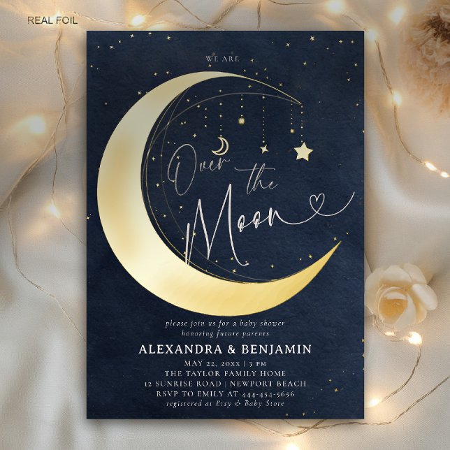Invitation En Aluminium Over the Moon Starry Night Coed Baby Boy Shower (over the moon baby shower invitation navy gold stars mobile celestial twinkle starry night)