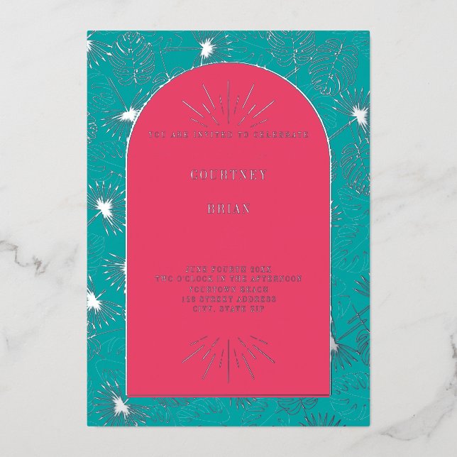 Invitation En Aluminium Palm Feuille rose + Blue Beach Wedding (Recto)