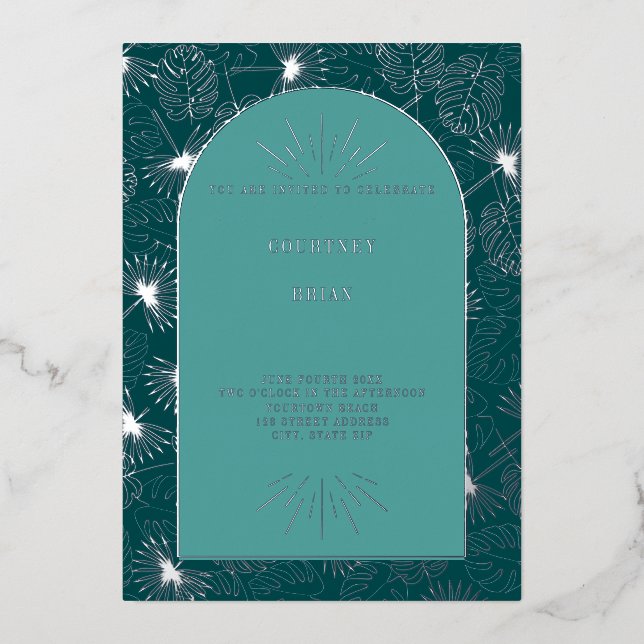 Invitation En Aluminium Palm Feuille Seashell Turquoise Tropical Beach Mar (Recto)
