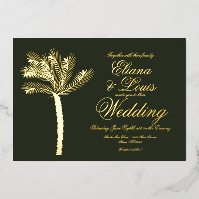 Invitation En Aluminium Palm Tree Gold Green Mariage d'été Pressé (Recto)