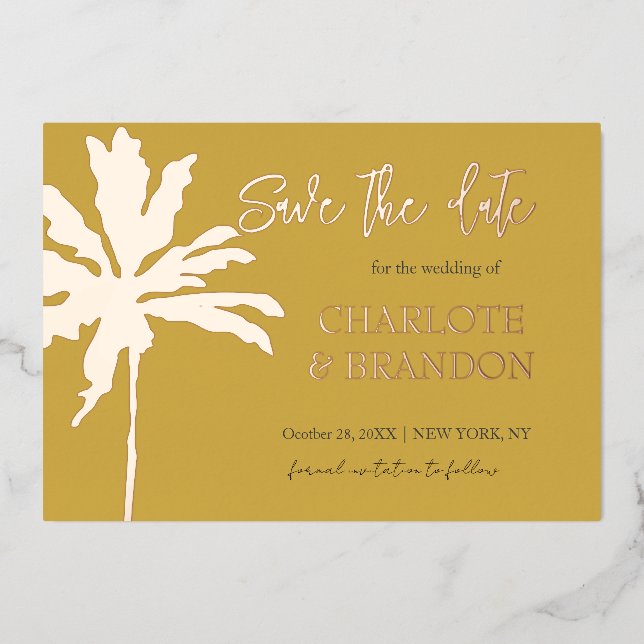 Invitation En Aluminium Palm Tree Plage d'or moderne Mariage Enregistrer l (Recto)