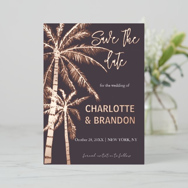 Invitation En Aluminium Palm Trees Plage Mariage Rose Or (Debout devant)
