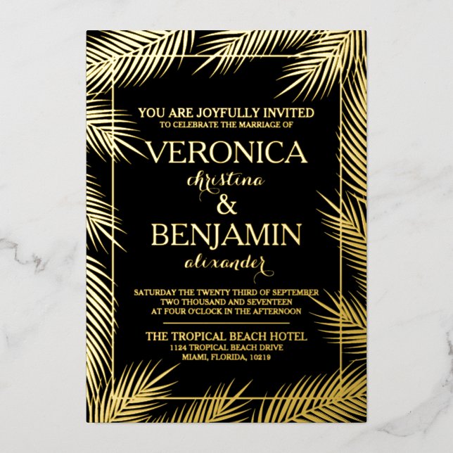 Invitation En Aluminium Palm Tropical Feuilles Plage Mariage Real (Recto)