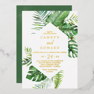 Invitation En Aluminium Palme Tropicale Sauvage   Mariage Hexagone Feuille
