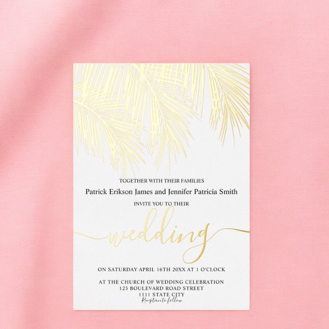 Invitation En Aluminium Palmier de feuille d'or moderne élégant script mar (Modern gold foil palm tree elegant script wedding foil invitation)
