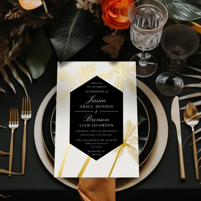 Invitation En Aluminium palmiers dorés mariage tropical sophistiqué (Créateur téléchargé)