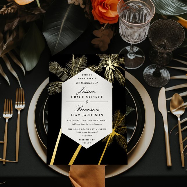 Invitation En Aluminium palmiers dorés mariage tropical sophistiqué (Créateur téléchargé)
