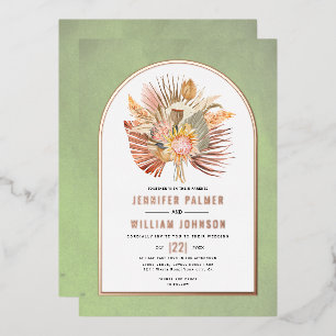 Invitation En Aluminium Palmiers, pampas herbe sauge vert mariage or rose