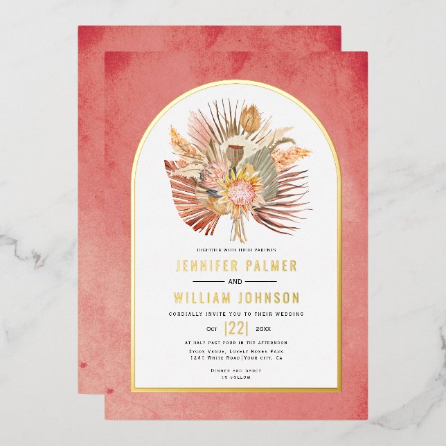 Invitation En Aluminium Palmiers séchés, pampas herbe rose mariage or réel (Recto/Verso)