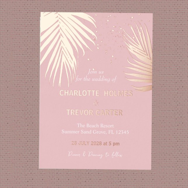 Invitation En Aluminium Palmiers tropicaux rose Plage d'été Mariage Or (Créateur téléchargé)