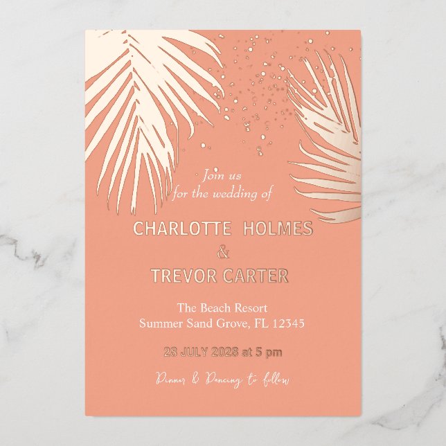 Invitation En Aluminium Palmiers tropicaux Summer Plage Mariage Or (Recto)