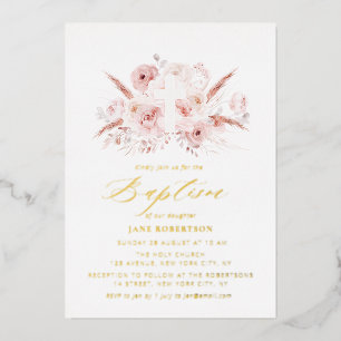 Invitation En Aluminium pampa rose poussiéreuse croix florale baptême
