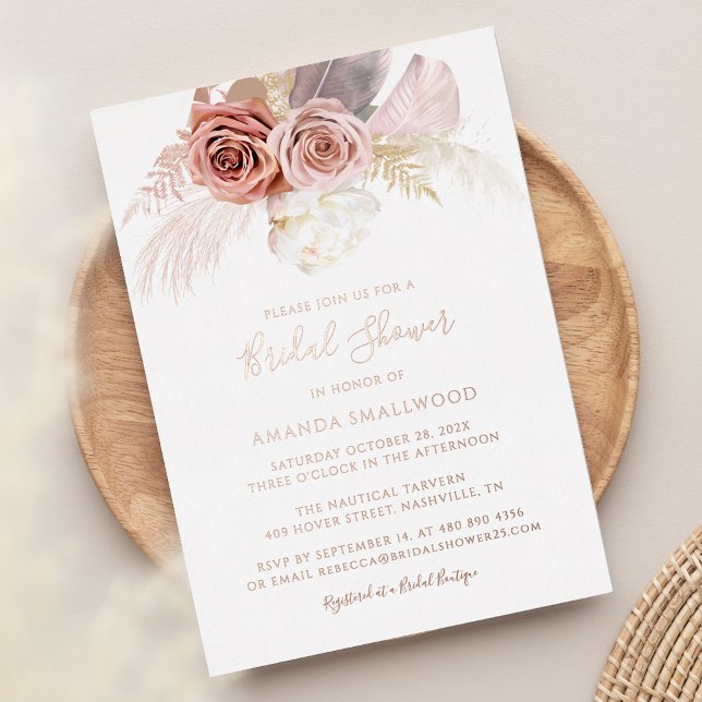 Invitation En Aluminium Pampas Fête des mariées de chute d'herbe Rose or (Pampas Grass Terracotta Script Rose Gold Foil Bridal Shower Invitation)