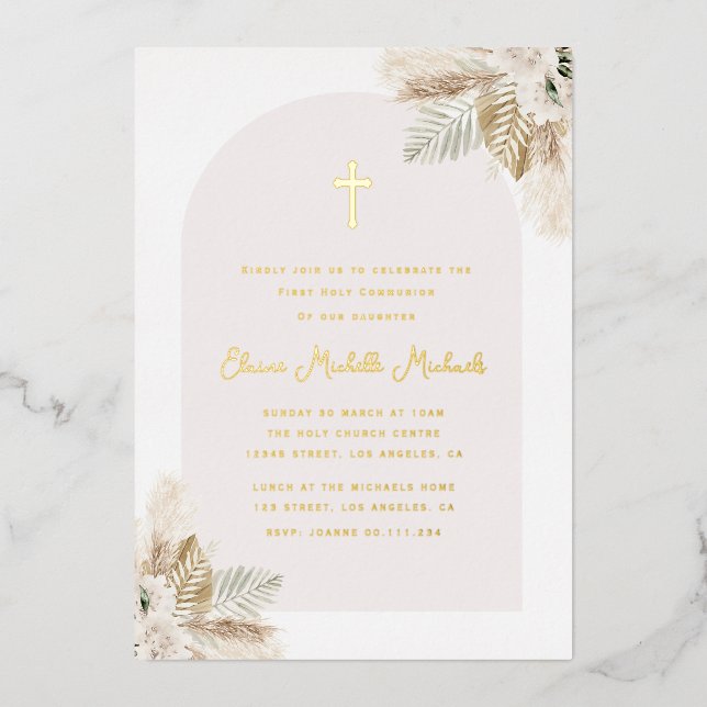 Invitation En Aluminium pampas herbe arche première communion (Recto)
