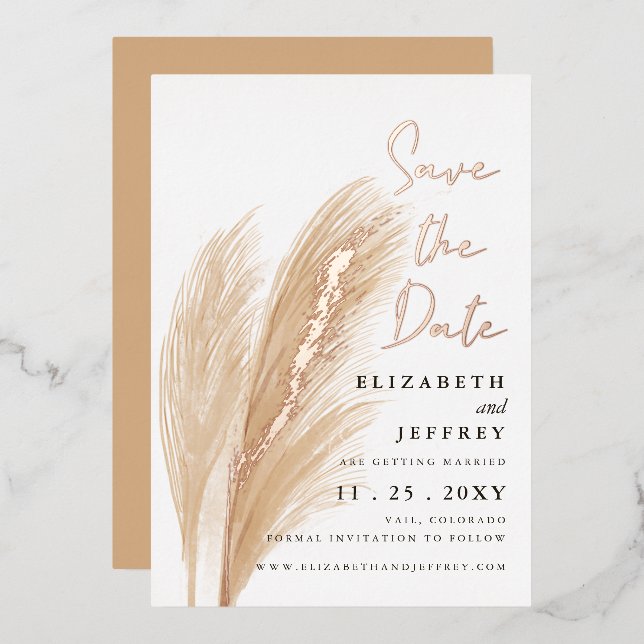 Invitation En Aluminium Pampas Rustique Terre Neutre Boho Sauver La Date (Recto/Verso)