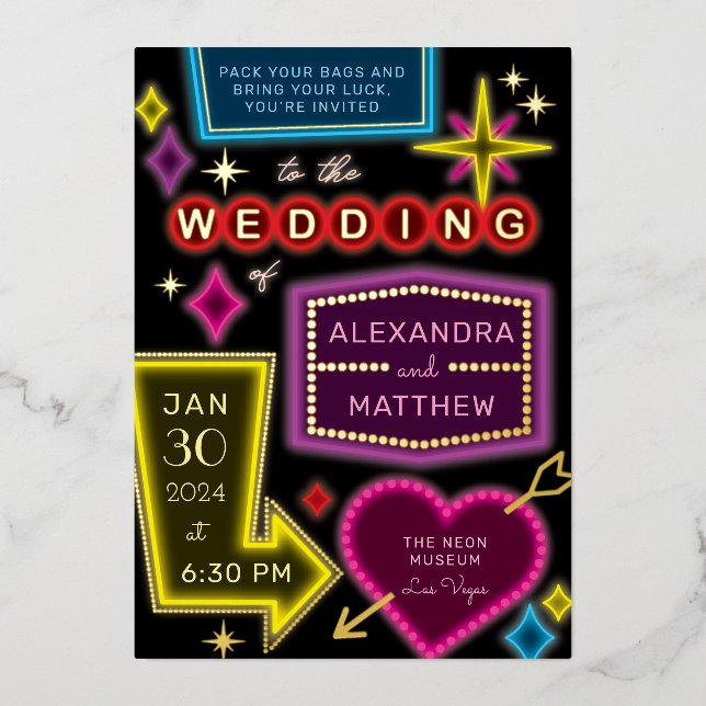 Invitation En Aluminium Panneaux de Neon Marquee Las Vegas Mariage (Recto)