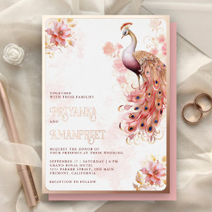 Invitation En Aluminium Paon indien floral rose or rose gold de mariage
