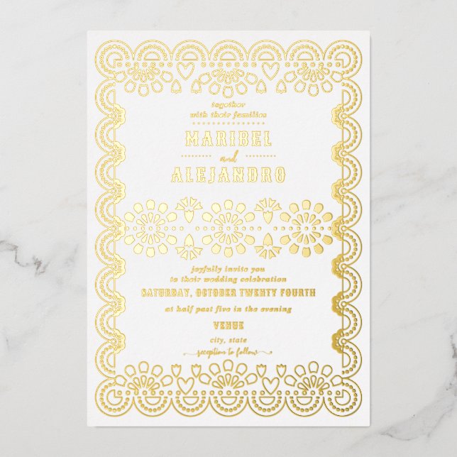 Invitation En Aluminium Papel mexicain Picado Floral Blanc Mariage (Recto)