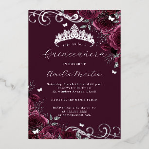 Invitation En Aluminium Papillon argenté Bourgogne Florale Quinceanera