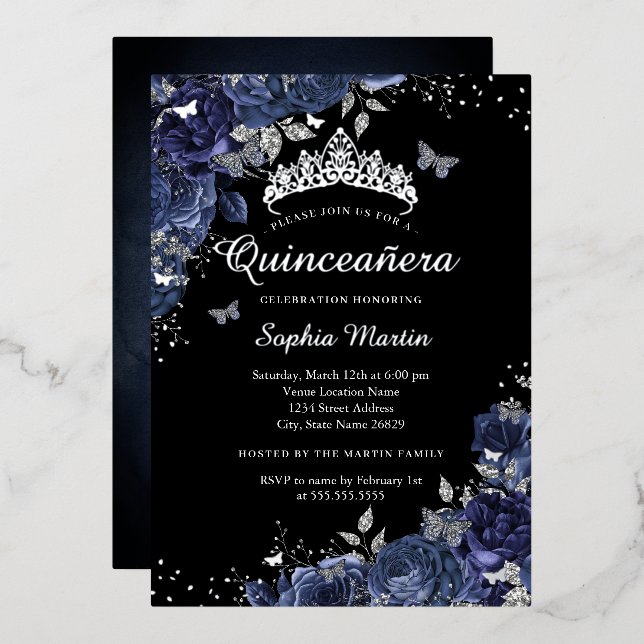 Invitation En Aluminium Papillon argenté Floral Navy Quinceanera noir (Recto/Verso)