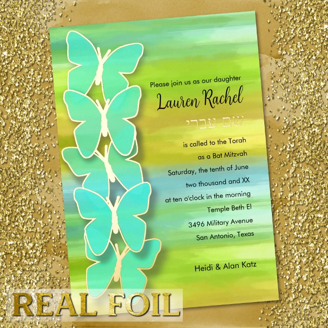 Invitation En Aluminium Papillon bat mitzvah Aquarelle Bleu Vert Jaune (Créateur téléchargé)