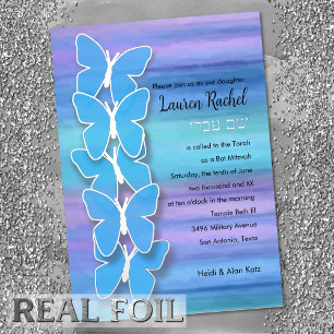 Invitation En Aluminium Papillon bat mitzvah Turquoise Purple Aquarelle