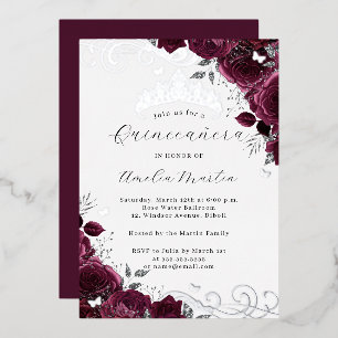 Invitation En Aluminium Papillon Bourgogne Argent Floral Quinceanera