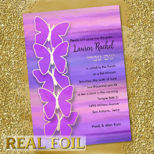 Invitation En Aluminium Papillon de Bat Mitzvah Rose Violet Aquarelle