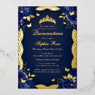 Invitation En Aluminium Papillon de dentelle rose Navy Quinceanera Anniver