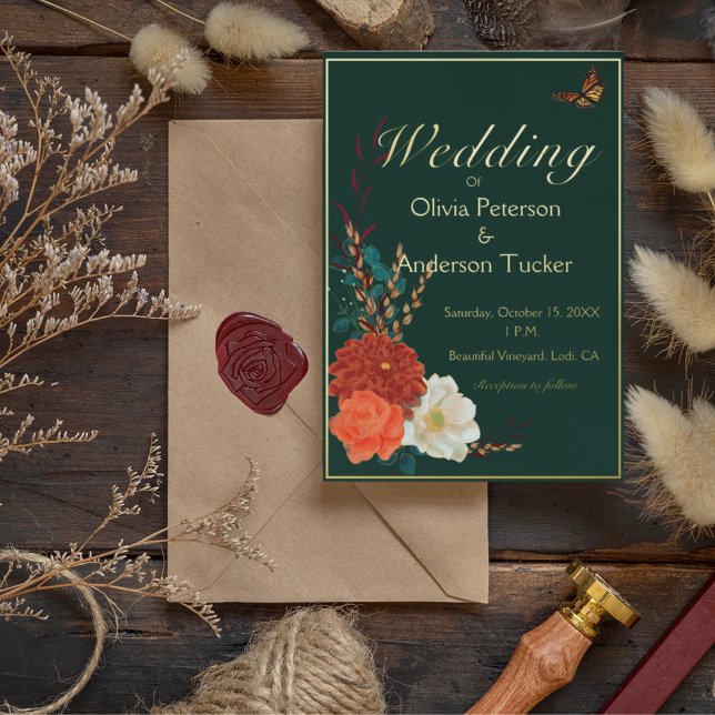 Invitation En Aluminium Papillon de Monarque Floral vert de la forêt maria (Monarch butterflies and forest green with lush fall blossoms and real gold foil)