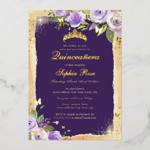 Invitation En Aluminium Papillon de rose d'or violet Quinceanera Floral