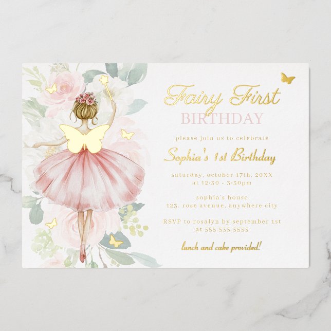 Invitation En Aluminium Papillon d'or Fée premier 1er anniversaire (Recto)
