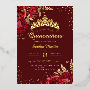 Invitation En Aluminium Papillon d'or Rouge or Floral Quinceanera
