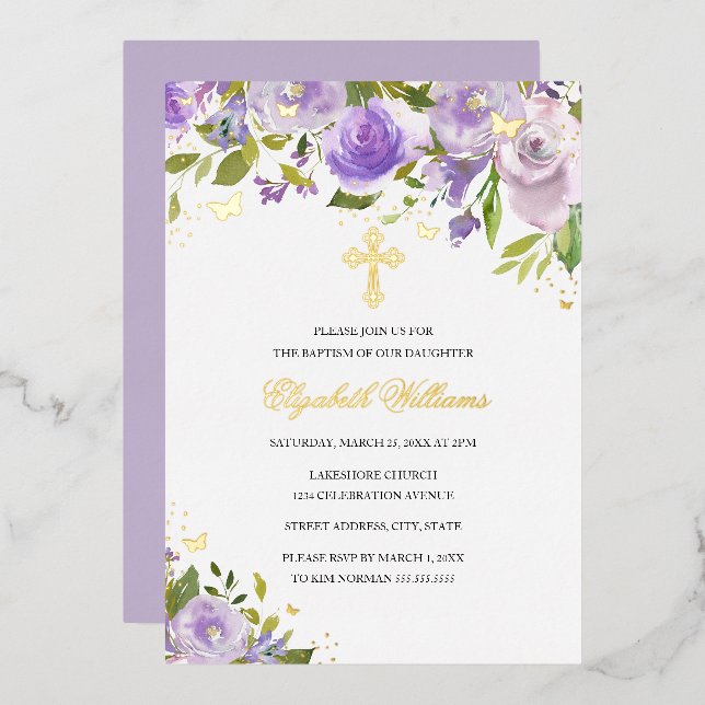 Invitation En Aluminium Papillon d'or violet Floral Girl Baptême (Recto/Verso)