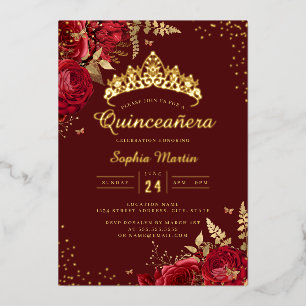 Invitation En Aluminium Papillon Doré Fleur Rouge Or Quinceanera 