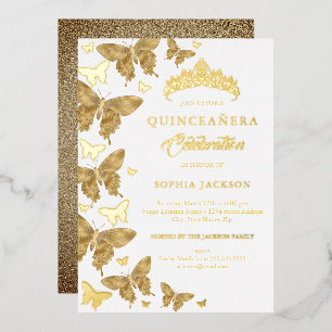 Invitation En Aluminium Papillon élégant paillettes or Quinceanera